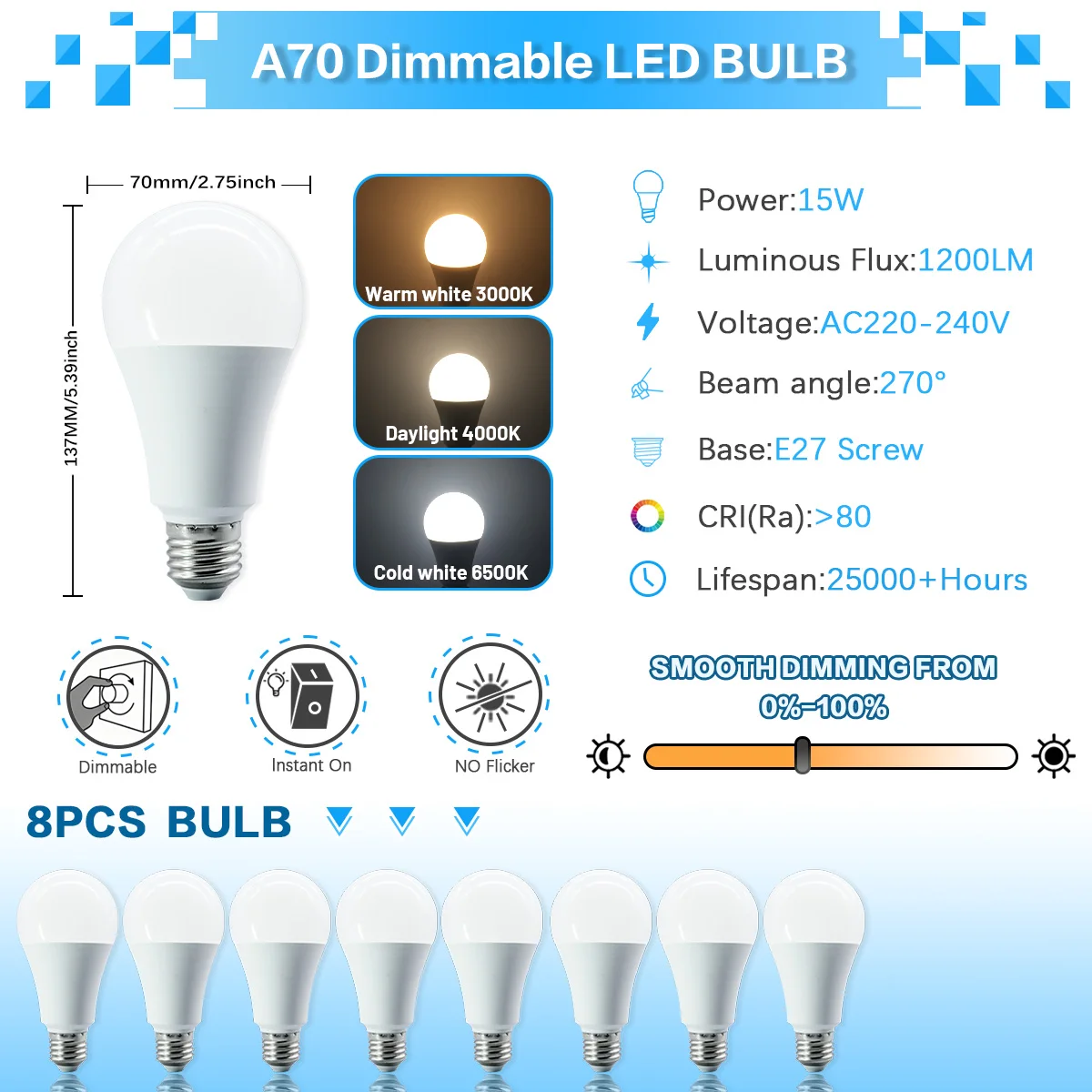 ตัวเลือกสินค้า หลอดไฟ LED ปรับแสงได้ 1-10 ชิ้น ขั้ว E27 รุ่น A70 ความสว่างสูง 15W 1200LM 3000K/4000K/6000K แสงเย็น ปราศจากการกระพริบ เหมาะสำหรับใช้ในบ้าน