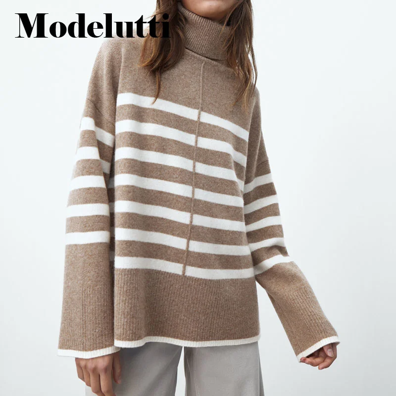 

New Winter 2023 Sweaters Vestidos England Style Fashion Simple Striped Turtleneck Leisure Warmth Knitted Women Top