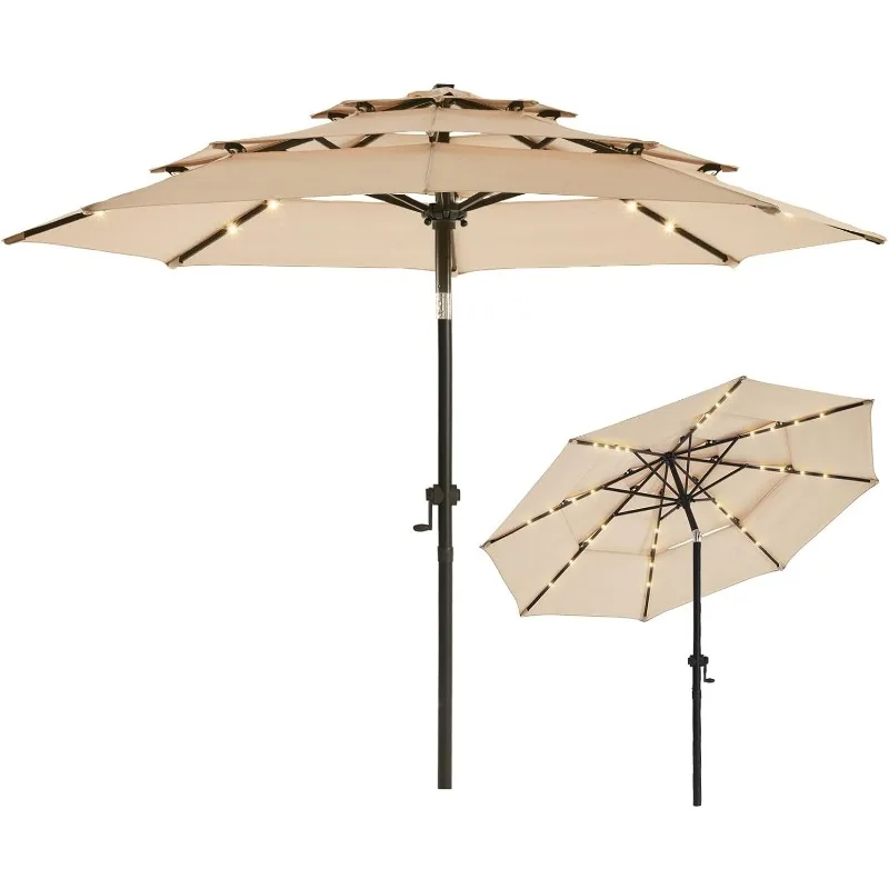 

9FT 3Tiers Patio Umbrella, Sturdy Solar Led Market Umbrella for Deck, Pool, Garden w/Tilt, Crank, 32 LED Lights,Navy Blue