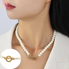  OT Clasp Goth Simulated Pearl Choker Necklace Gold Color Lasso Pendants Women Jewelry Neck Chain Beads Necklace Collar Girl Kpop 