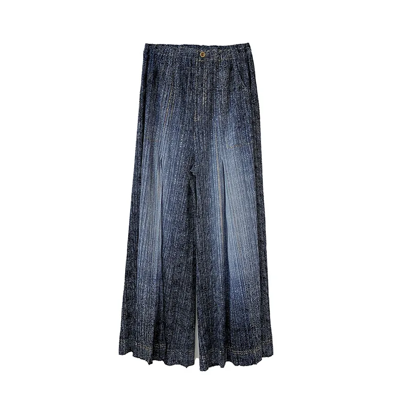Miyake Pleated Pants Women's Imitation Denim Wide-leg Pleated Pants Casual Loose Straight Trousers 2023 Autumn New Style