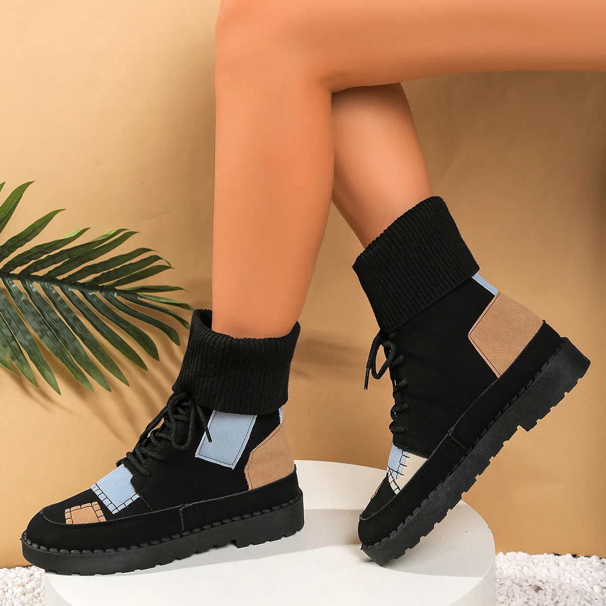 2025 Fashionable Sexy Lace Up Plus Size Work Boots for Women Winter Round Toe Thick Soled Comfortable Casual Mid Length Boots