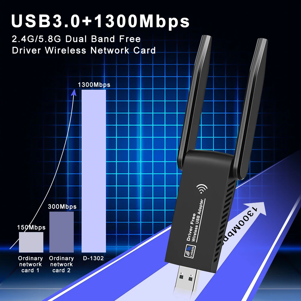 PC 노트북 태블릿용 USB 3.0 와이파이 어댑터, 듀얼 밴드 2.4G 5G 무선 네트워크 카드 드라이버, 무료 블루투스 와이파이 어댑터, 1300Mbps