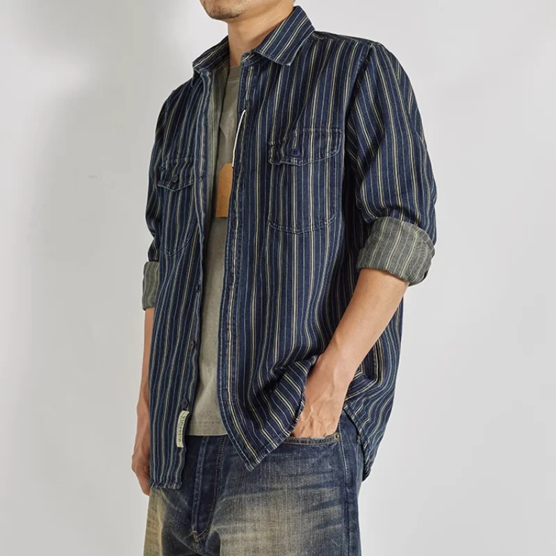 Denim Shirt Vintage vertical stripe denim shirt with heavy Aimi khaki cargo wash to make old men's coat