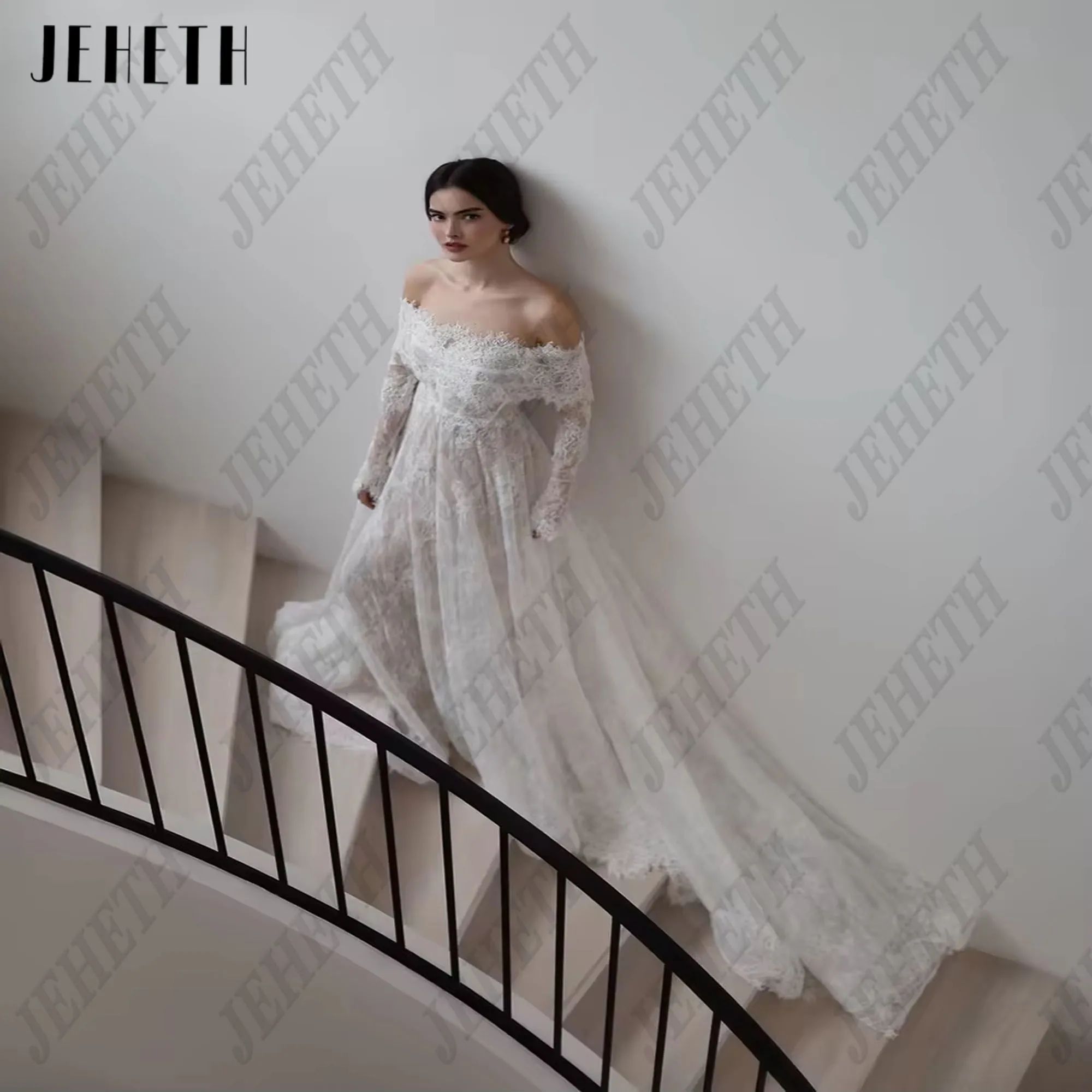 JEHETH Lvory Lace 2025 New Wedding Dresses Off The Shoulder Full Sleeves Bridal Gowns Women Sweep Train Bride Dresses Customized