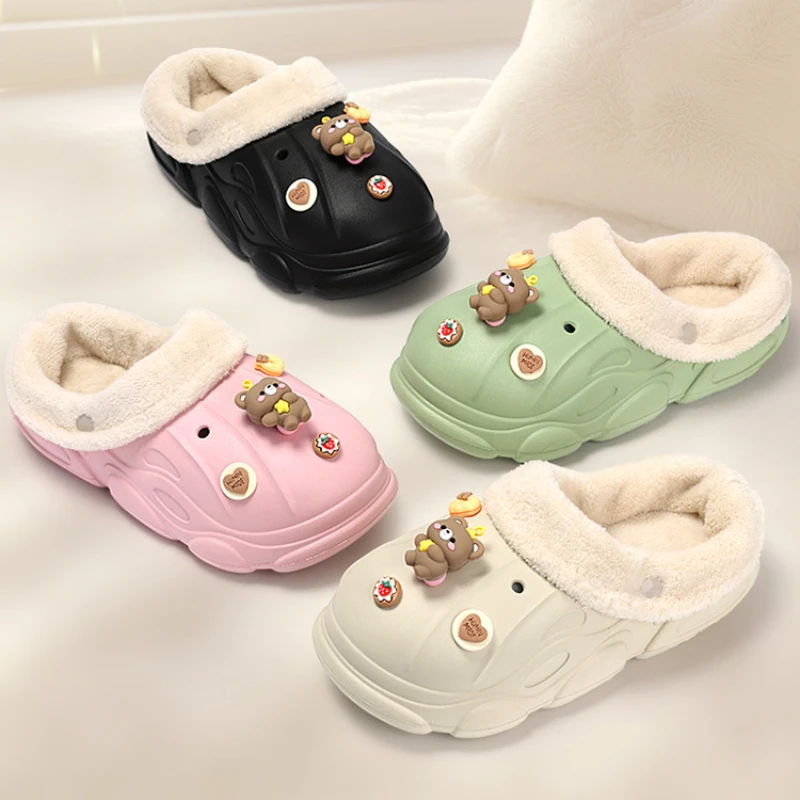 Women Little Bear Cotton Slippers Indoor Warm Plush Slippers Baotou Men's Cotton Boots Casual Non-slip Shoes Couple Women