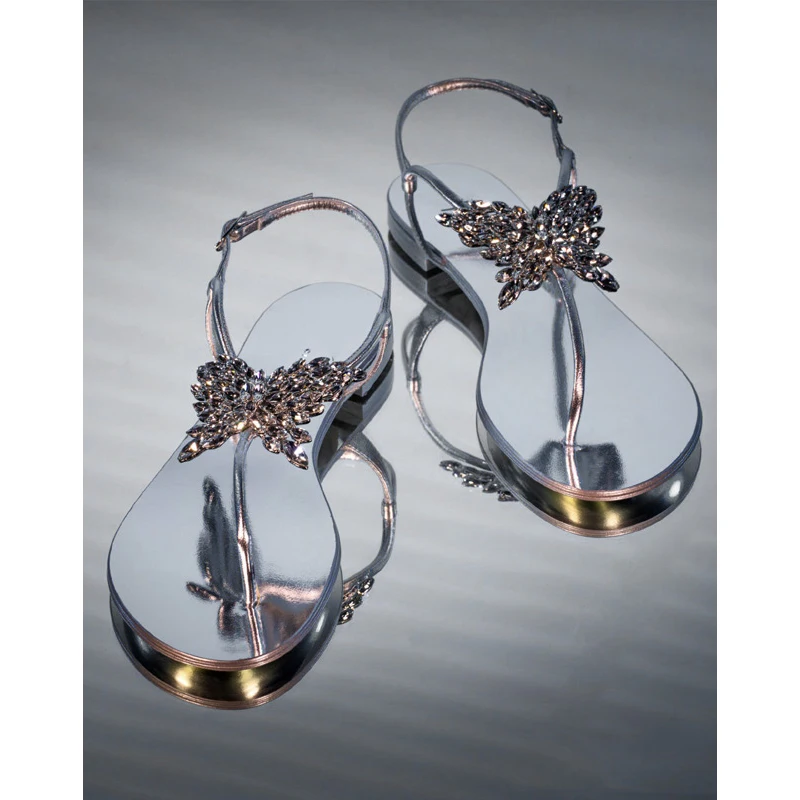

Silver Ladies Women Sandals Flat Summer 2023 Fashion Jewel Crystal Ankle Buckle Strap Female Beach Low Heel Shoes