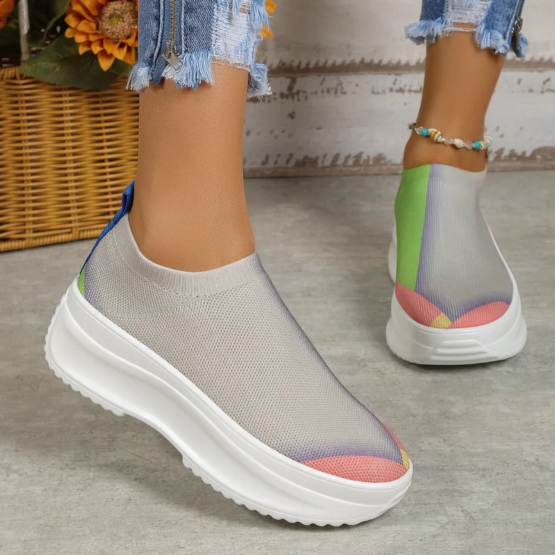 

Women Mix Color Knitted Chunky Sneakers Breathable Platform Sports Shoes Woman Thick Bottom Slip on Vulcanized Shoes Big Size 42