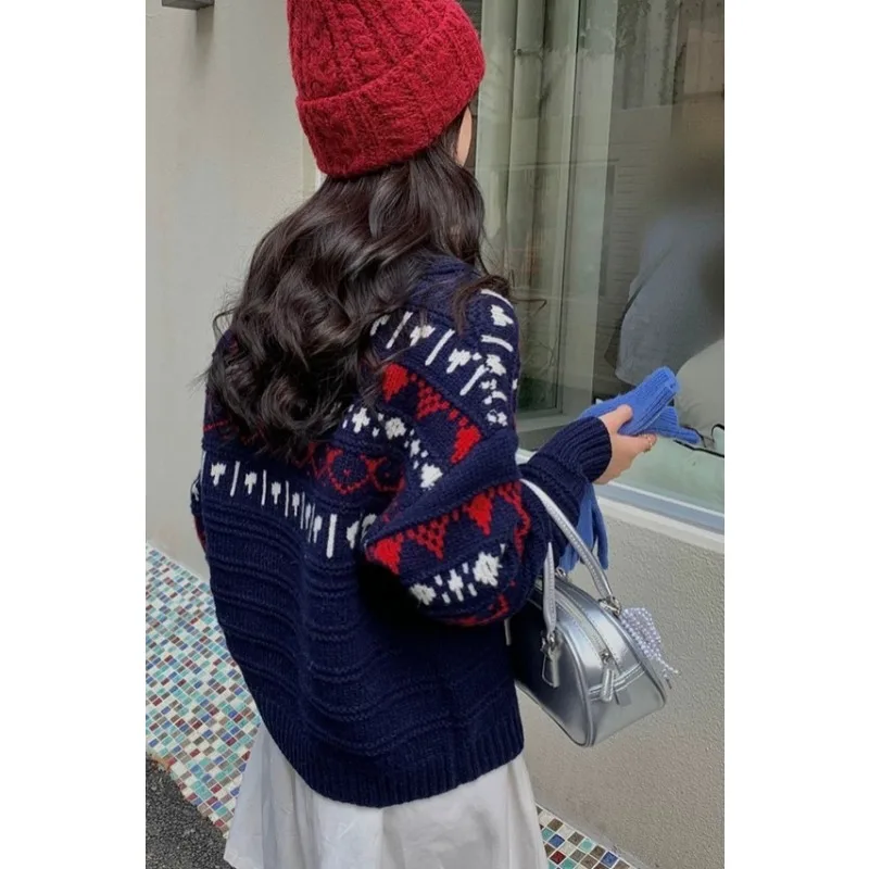 Fashion New Autumn and Winter Women's Clothing Polo Collar Women's Long-sleeved Sweater Casual Elegant Jacquard Top Knitwear