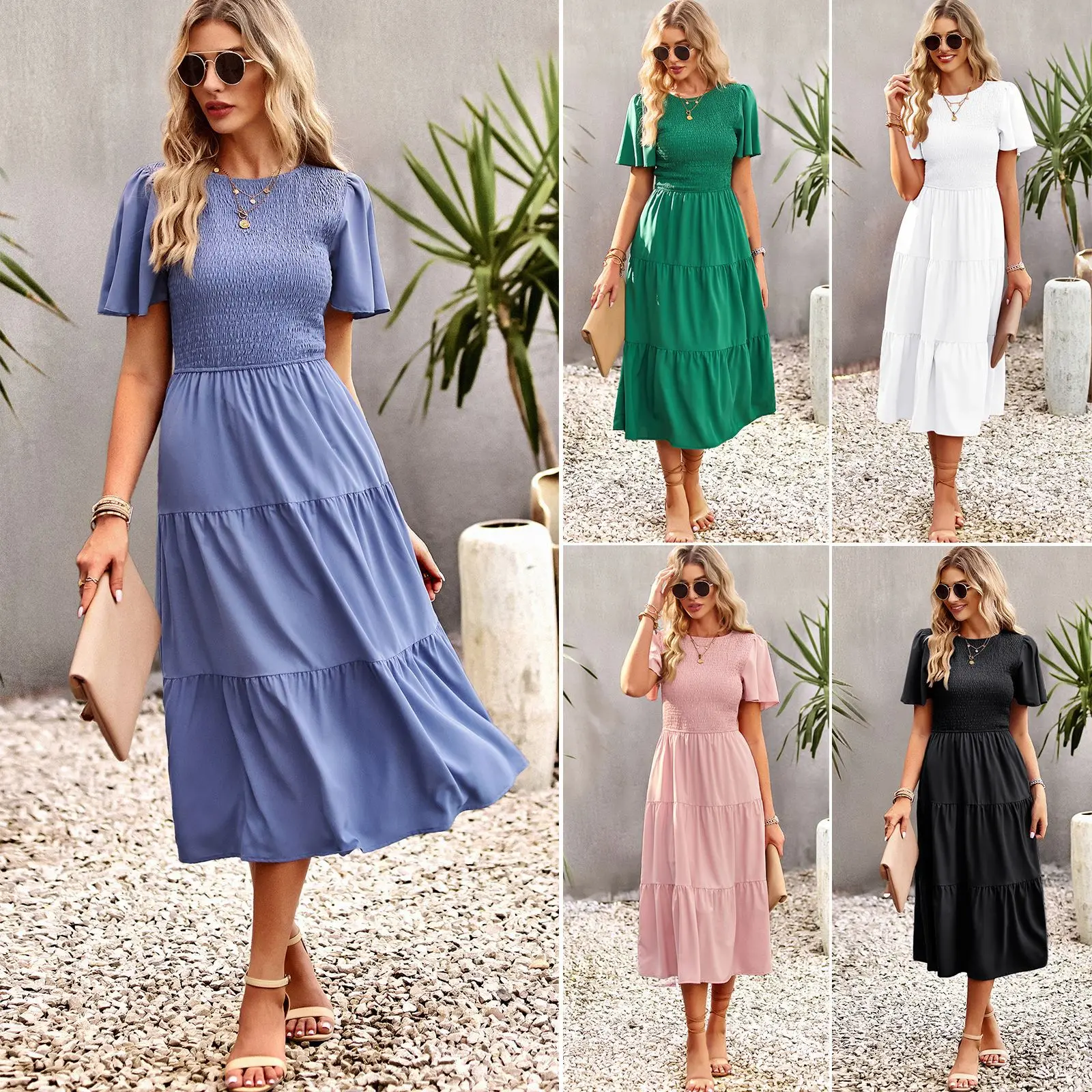 Women Dress New Fashion Slim Waist Dress With Large Swing Spring Summer