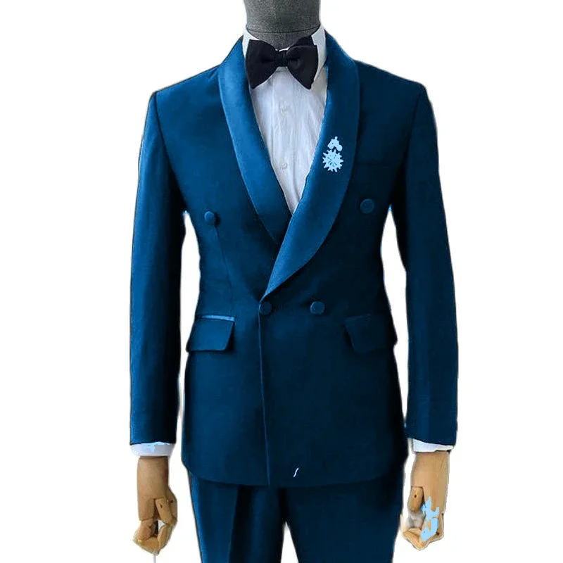 Black Wedding Tuxedo for Mens Suits with Double Breasted Jacket Pants 2 Piece Slim Fit Formal Male Fashion Prom Costumes