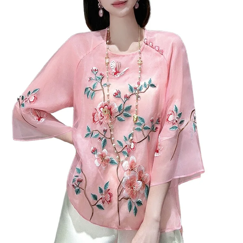 

High-end Spring and Summer Chinese Style Embroidery Silk Blouse Shirt Women Fashion Elegant Loose lady Shirt Sunscreen Top S-XXL