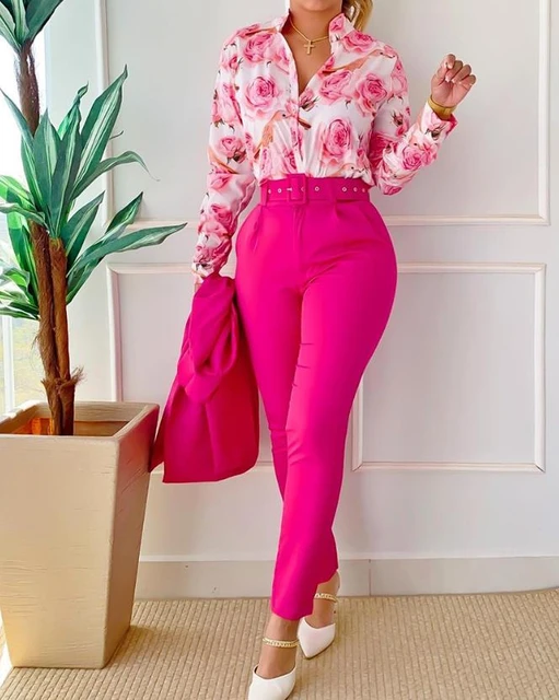  Women 2 Piece Pants Set Oversized Floral Soild Button Down  Shirt High Waist Pants Outfits Summer Streetwear Womens Snow Gear (Pink, M)  : Clothing, Shoes & Jewelry