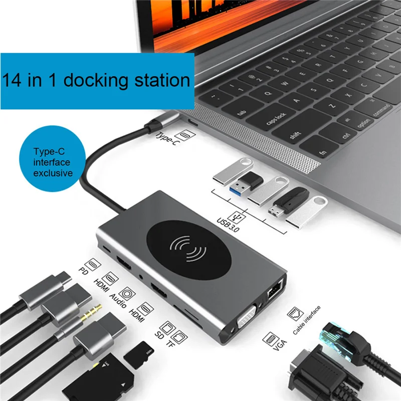 Docking Station USB Type C HUB To HDMI-Compatible Adapter OTG VGA 14 in 1 Multi USB PD 3.0 USB-C for MacBook Pro Air 4K Splitter