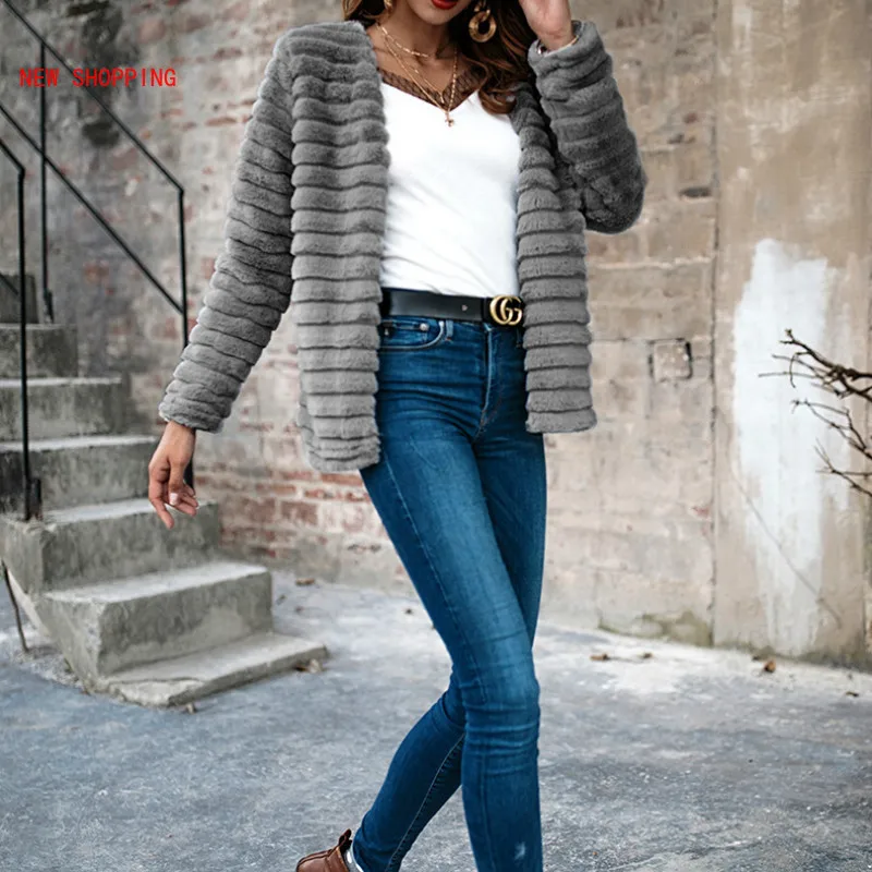  New Women Soft Rabbit Fur Coat Autumn Long Sleeve Windbreaker Quality Thick Jackets Plus Size Slim Winter Fur Jacket Gray