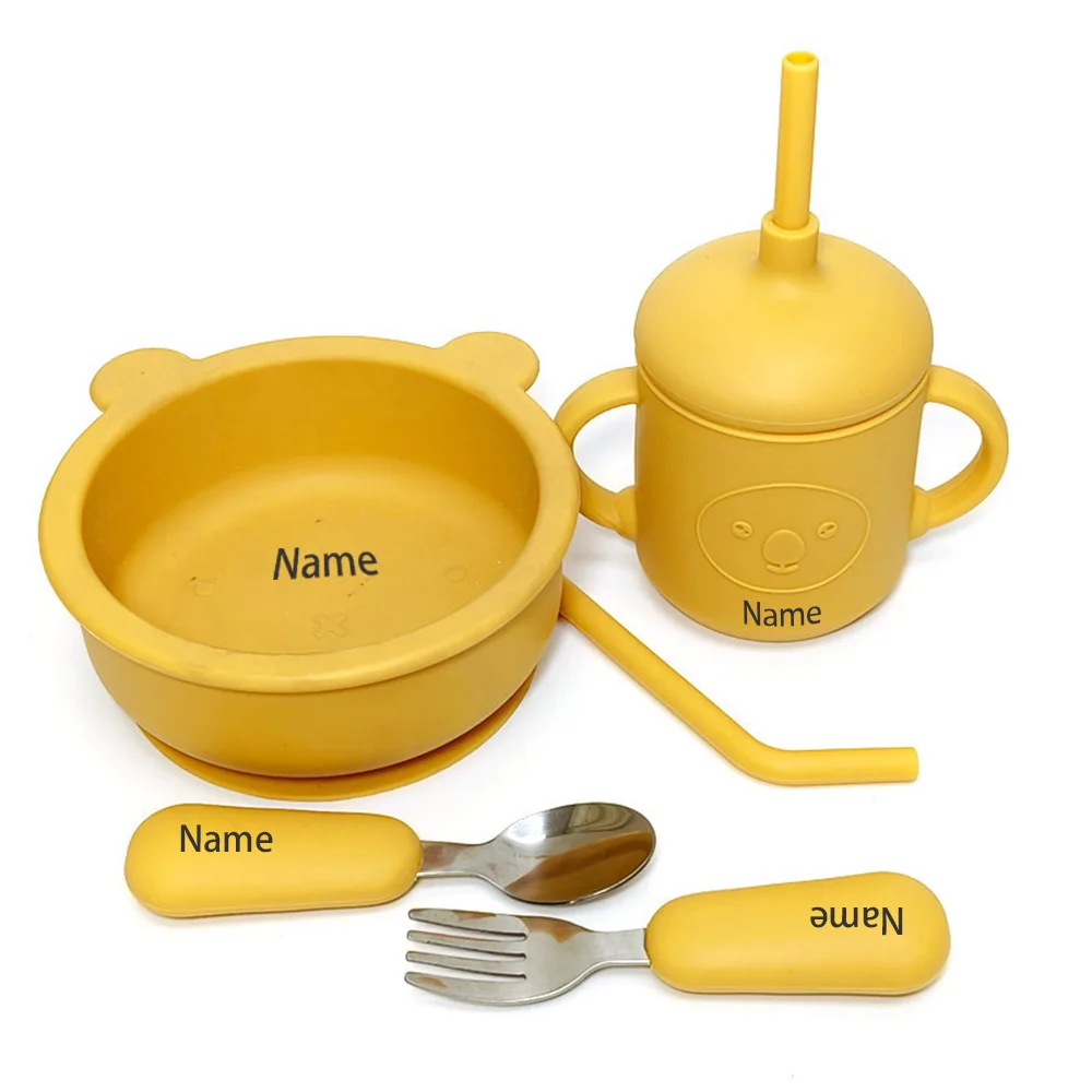 5-Piece Children's Tableware Set with Free Name Printing on Kids' Bowl. Personalized silicone tableware—a unique gift for babies