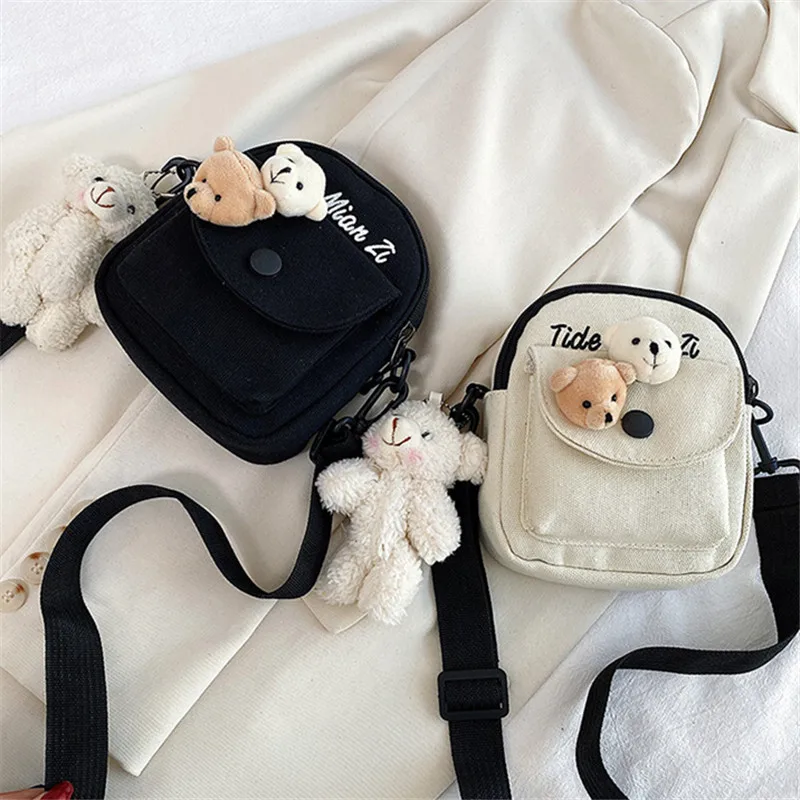 Fashionable Letter Canvas Phone Crossbody Bag with 2 Cute Bear Pins, Stylish Student Harajuku Shoulder Bags for Women Daily Use