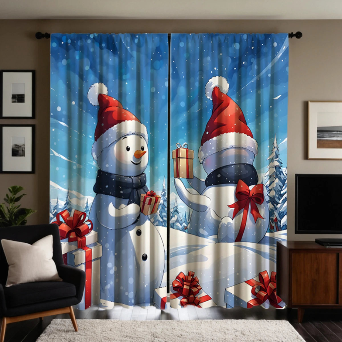 2pcs set HD Christmas gift snowman decoration curtain Blue tie digital printed curtain Home decoration style Decoration livin 5