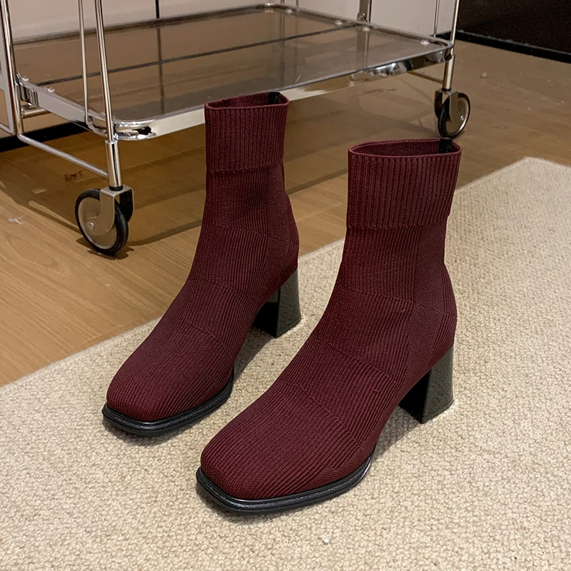 Aphixta Solid Color Sexy Women Ankle Boot 7cm High Heels Modern Sock Boots Shoes Woman Boats botines para mujeres Big Size 42