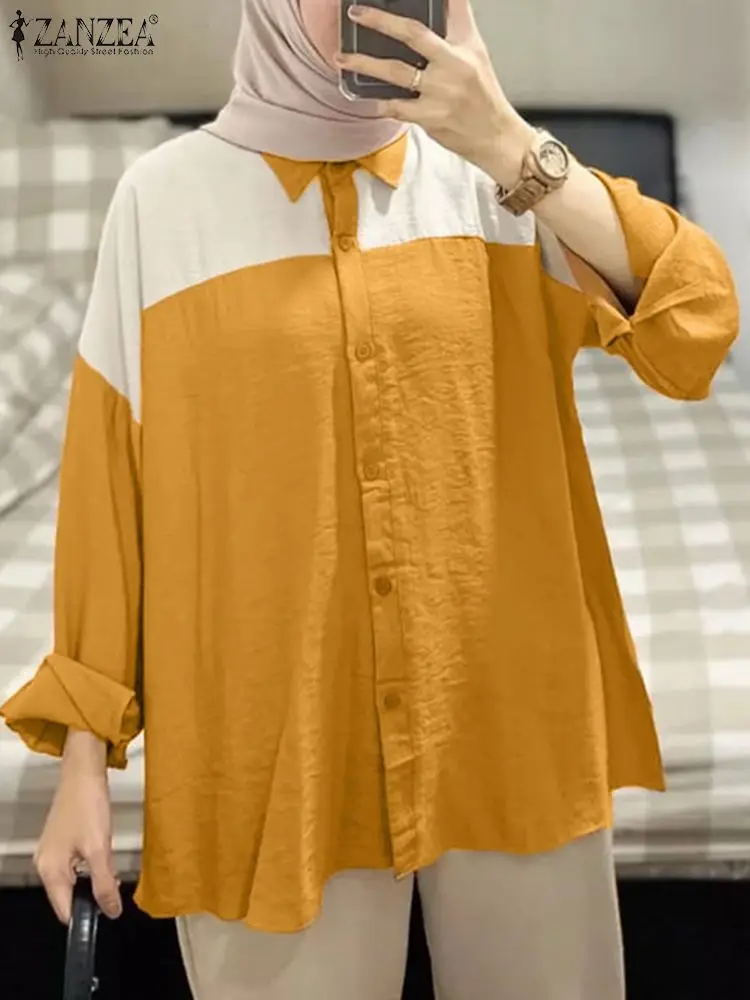 

ZANZEA Women Spring Muslim Shirt Casual Abaya Hijab Tops Islamic Clothing Mujer Vintage Lapel Neck Long Sleeve Patchwork Blouse