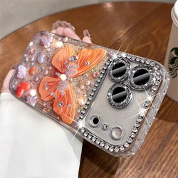 Orange Butterfly Glitter Clear Phone Case with Rhinestone Accents - iPhone 15 (Orange)