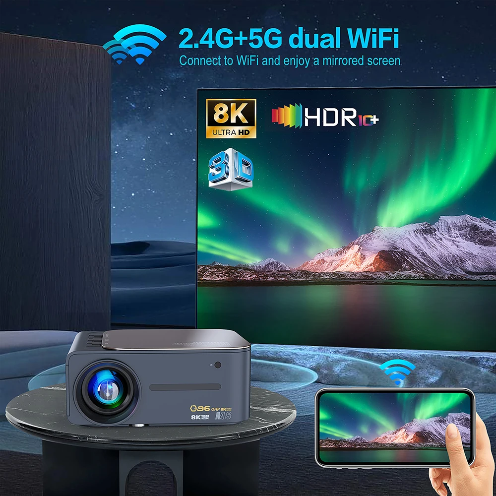 Proyector inteligente con aplicaciones de transmisión de TV Android,  proyector LED Full HD para juegos con Wifi Bluetooth, pantalla de 200  pulgadas