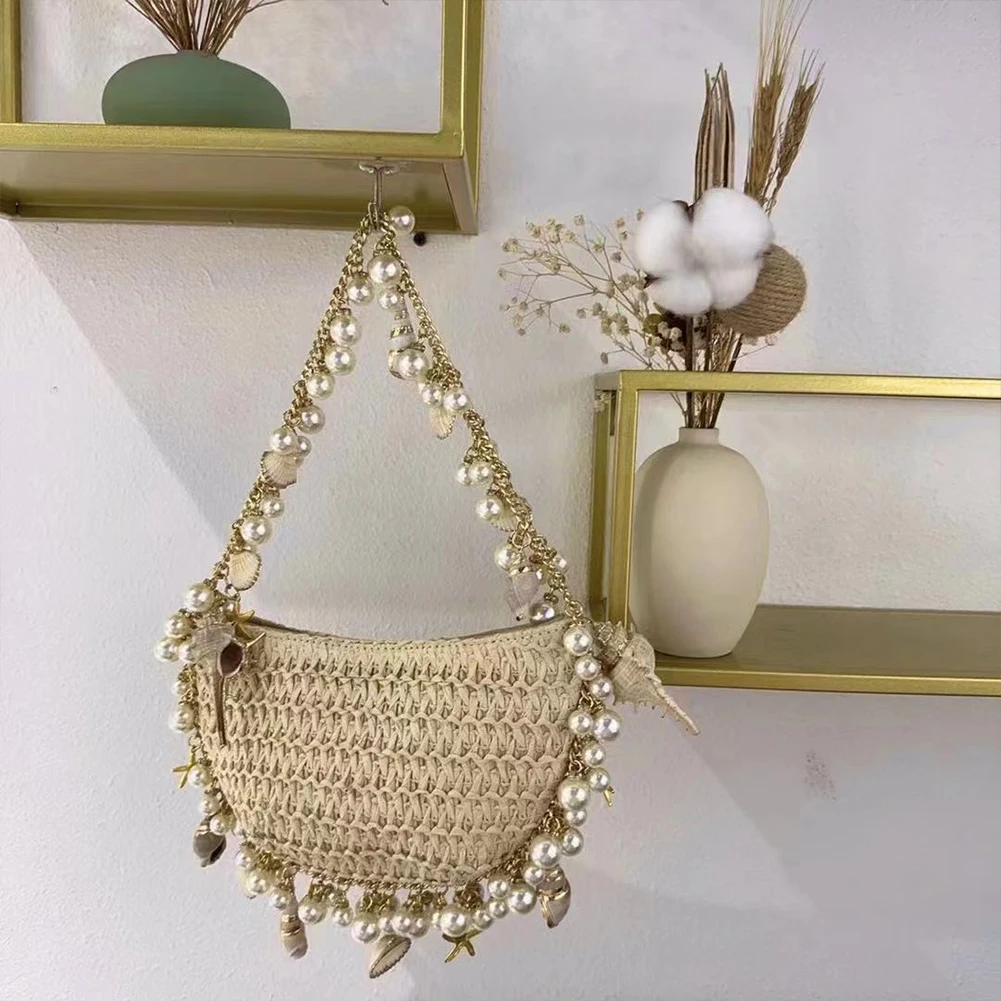 Women Elegant Straw Shoulder Bag Breathable Trendy Beaded Shoulder Bag Handwoven Shiny Pearl Clutch Bag Seaside Soft Clutch