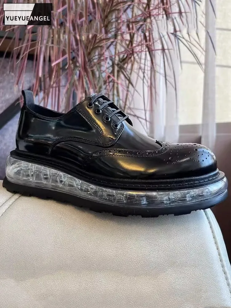 

Business Casual Mens Genuine Leather Brogue Shoes Lace Up Cushioning Thick Bottom British Style Dress Shoes Men Platform Shoes