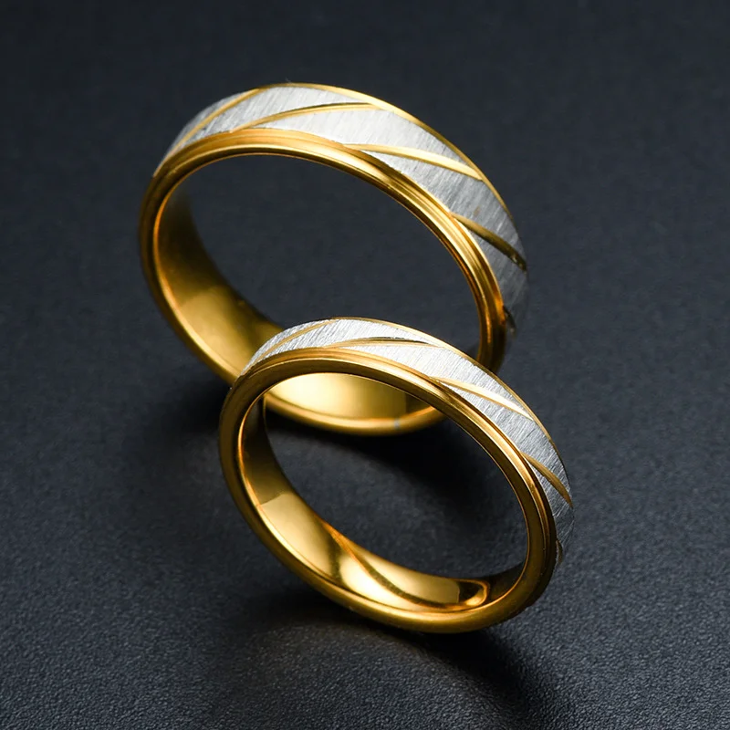 Stainless Steel Gold Color Wave Pattern Rings for Couples Wedding Engagement Gifts Promise Jewelry