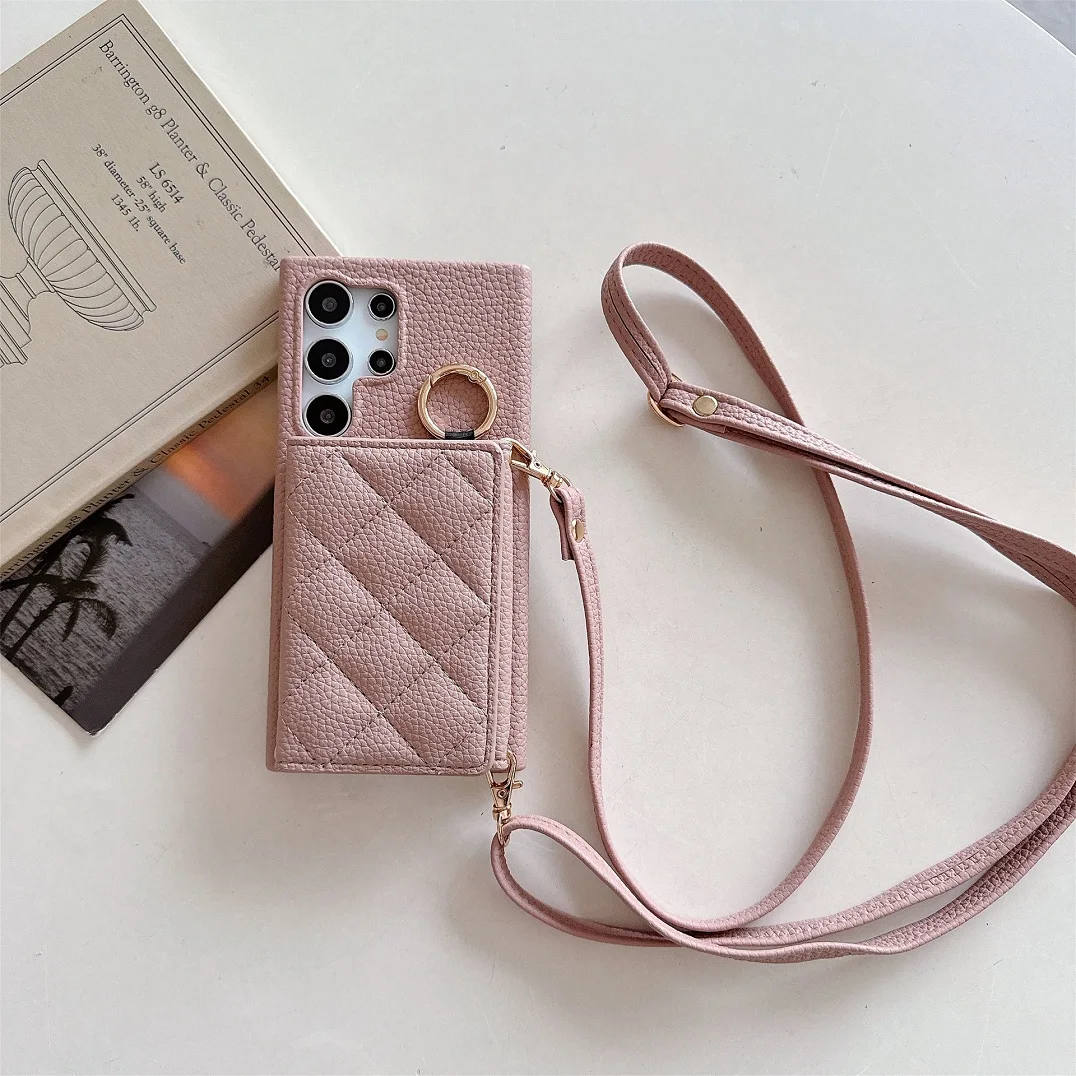 Luxury Crossbody 3D Grid Leather Card Slot Wallet Case with Mirror Makeup Cover