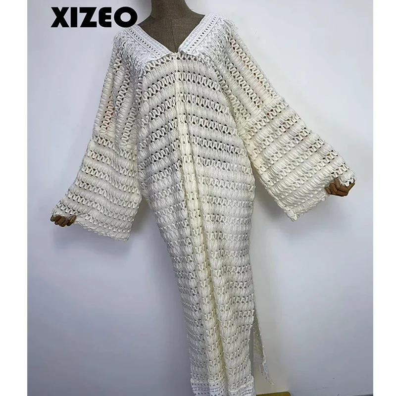 XIZEO  Cover Up Women  Fashion Sexy Boho African Holiday Party Long Sleeve Silk Feeling Robe Kimono Kaftan
