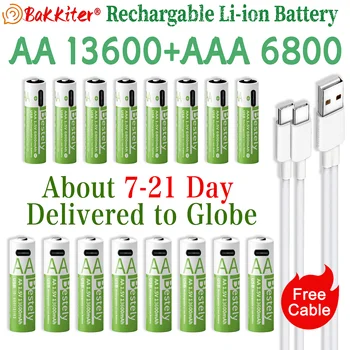 BaKKiter 1.5V AAA 6800mAh/AA 13600mAh Batterie ricaricabili agli ioni di litio Batteria agli ioni di litio a ricarica rapida 2000 cicli/Cavi USB-C