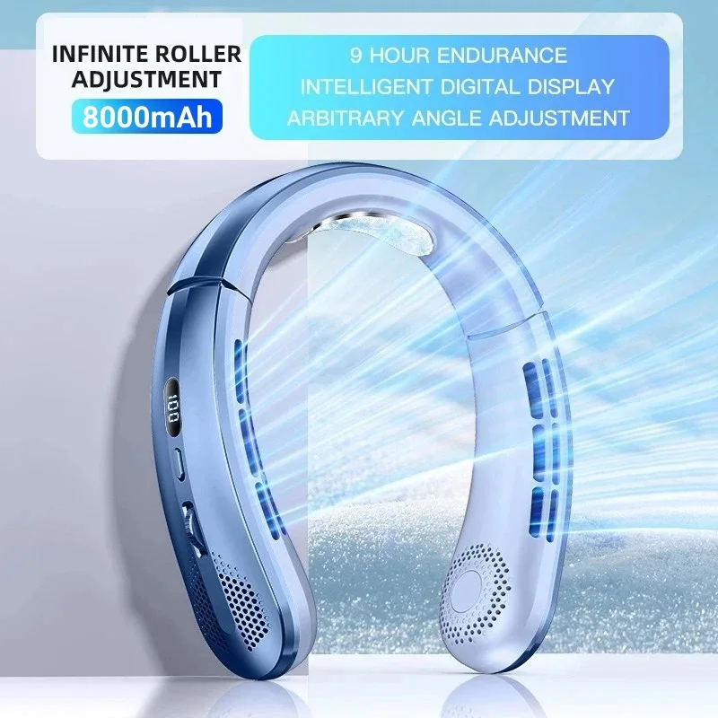 Portable Bladeless Fan Xiaomi Hanging Neck Mini USB Rechargeable Mute LED Digital Display Electric Fan Summer Air Cooler