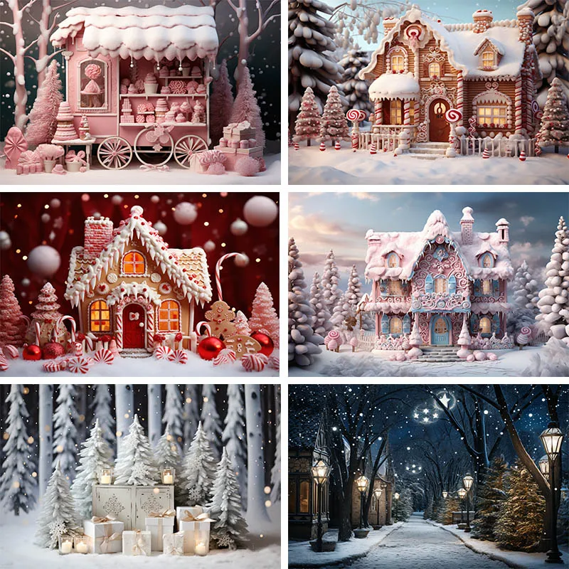 

Mocsicka Photography Backgrounds Christmas Decoration Candy House Xmas Tree Winter Snow Kids Adult Family Party Photo Backdrops