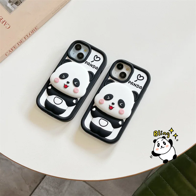 Adorable Panda Flip Mirror Silicone Phone Case - Shockproof Protective Cover