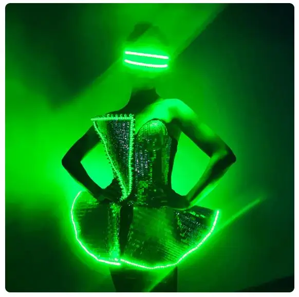 

New Luminous Gogo Dancer Performance Clothes LED Dress Woman Rave Outfits Nightclub Tron Dance Wear Party Light Up Stage Costume