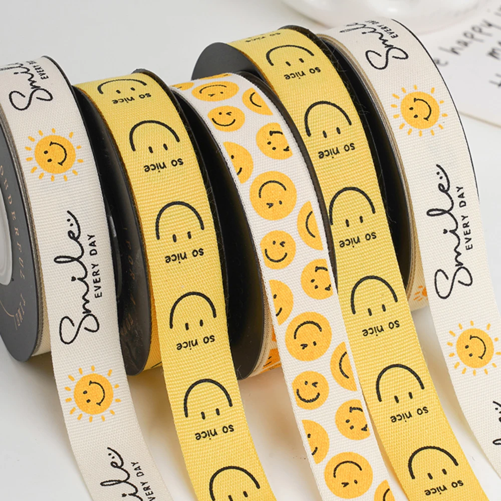 9 Meter 16MM Smiley Face Printed Webbed Korean Small Flower Clothing Accessories Polyester Ribbon HANDMADE Hair DIY Lace ribbon decoration ribbon supplies polyester ribbon