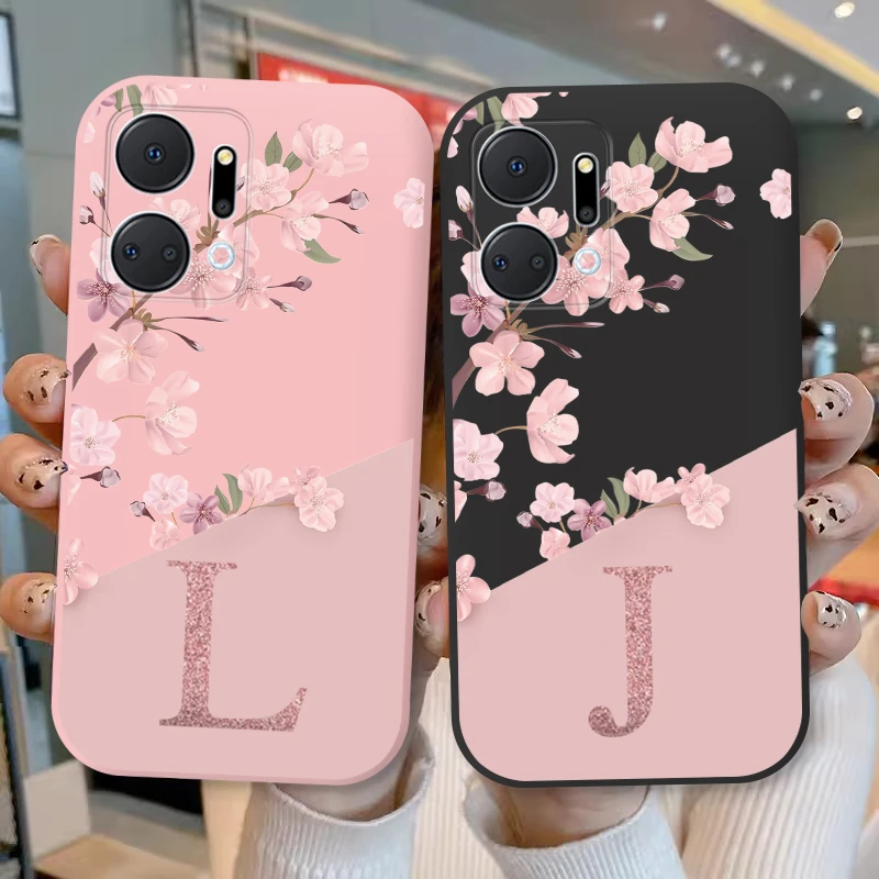 Honor X7A 케이스 세련된 문자 소프트 실리콘 커버, 아름다운 체리 꽃, 초기 알파벳 펀다, Honor X 7A HonorX7a