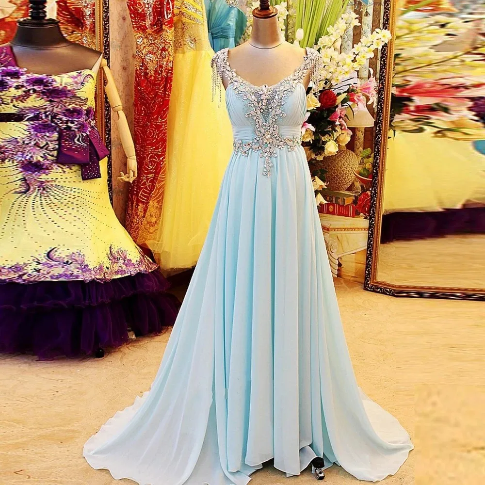 

IRIDESCENT Chiffon Abendkleider V-Neck Long Evening Party Gowns Robe De Soiree Sparkly Crystal Applique Court Train Prom Dress