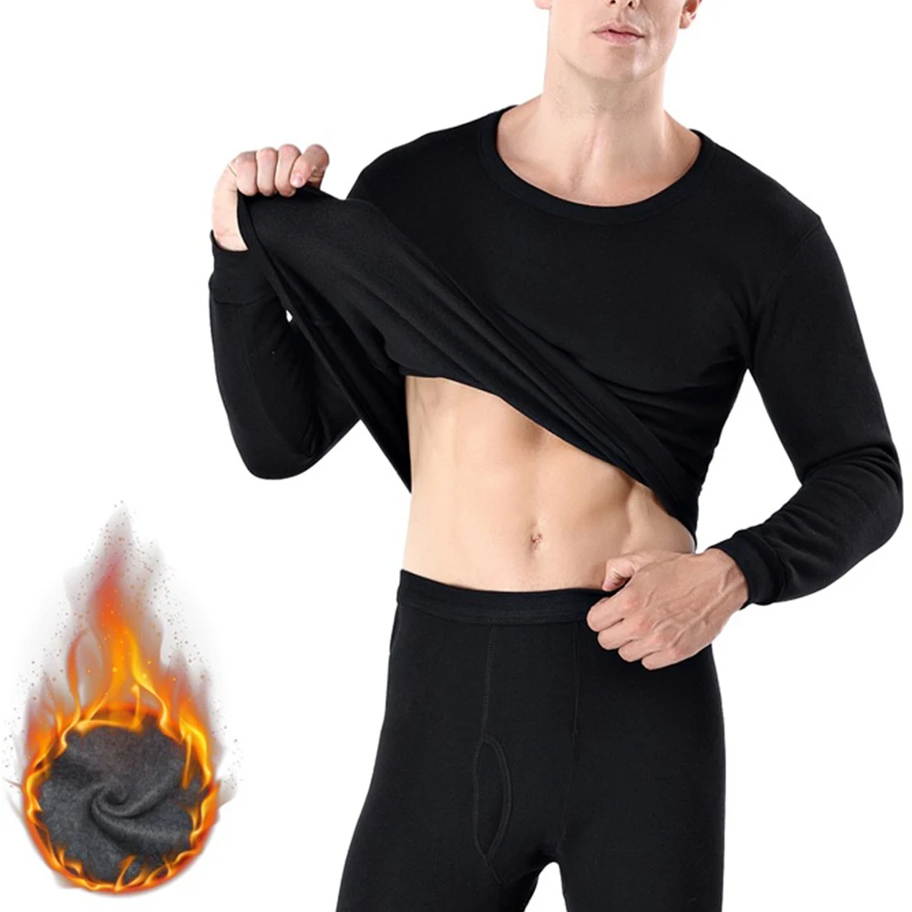 Men's Padded Soft Lined Underwear Round Neck Fleece Thick Thermal Top Bottoms Long John Pants 2Pcs Autumn Winter Nightwear autumn winter mens thermal underwear elephant nose bulge pouch warm leggings stretchy long john pants bottoms comfortable tights