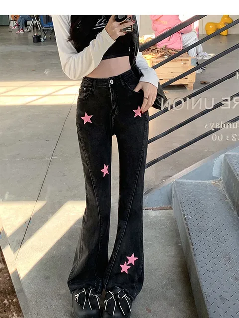 Star Printed Streetwear Y2K Jeans Woman Vintage High Waist Pockets 