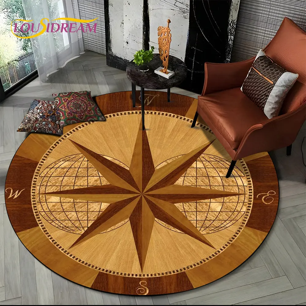 3D Retro Round Non-Slip Circle Area Rug, Tapete para sala de estar, Quarto, Almofada do pé do sofá, Tapete de chão, Presente, Série Bússola