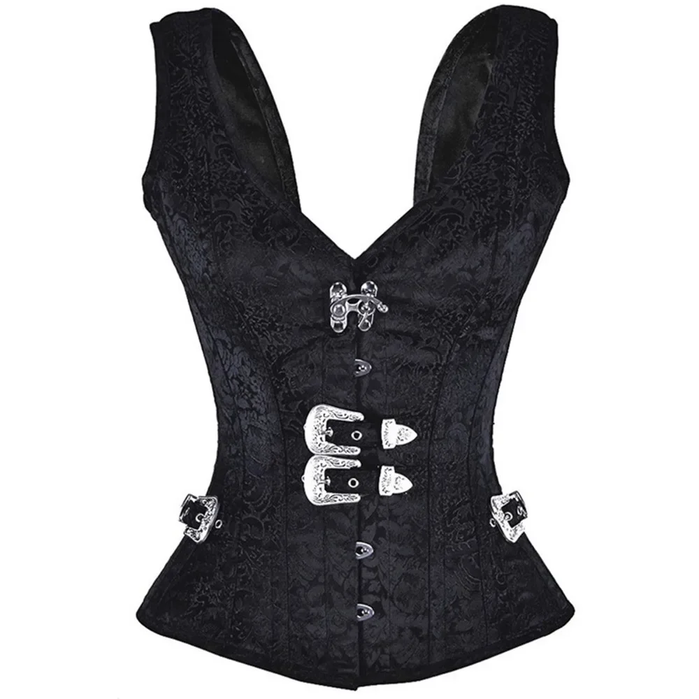 Steampunk Corset with Straps Women Overbust Bustier Top Vest Plus Size Gothic Vintage Outerwear Corselet Basques Black