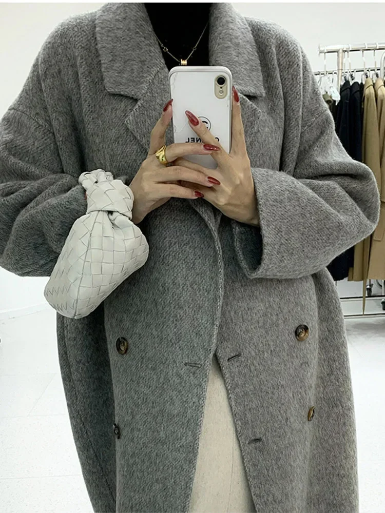 New Women High Quality Alpaca Double-sided Wool Coat Loose Lapel Long Sleeve Fashion Lace-up Natural Woolen Jacket Autumn Winter