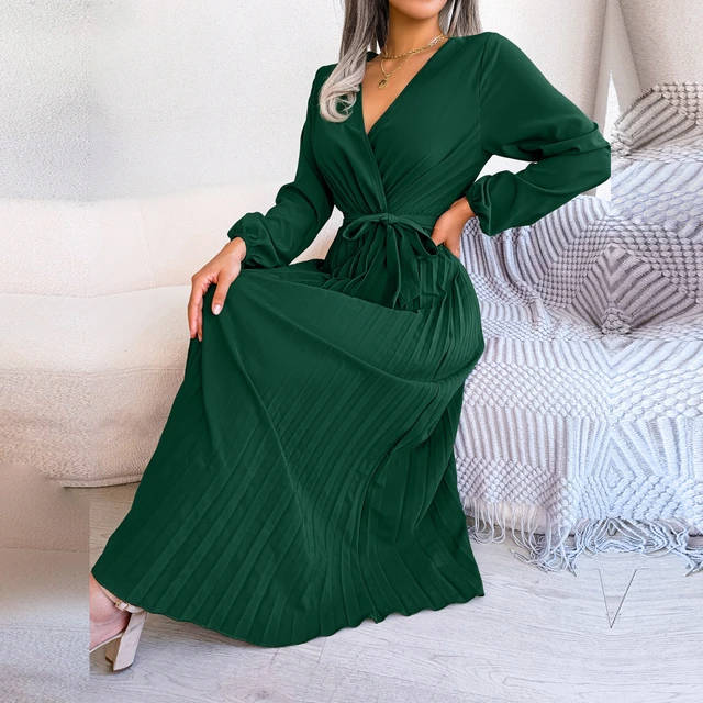 Vestido longo plissado para mulheres, bandagem monocromática linha A, gola  em v cruzada, bainha grande, vestidos bandagem na moda, 2023 primavera e  verão - AliExpress