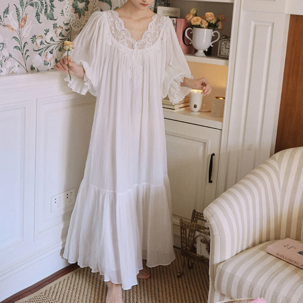 

2024 New French Fairy Loose Romantic Lace Nightgown Women Long White Retro Palace Vintage Nightdress 100% Cotton Sleeping Dress