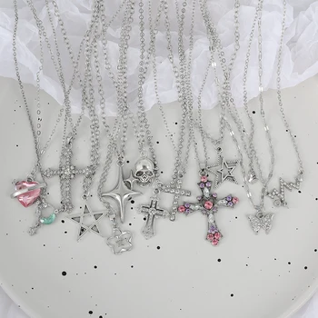 13 piece fashionable Y2K alloy butterfly heart-shaped cross star shaped skull necklace set, suitable for girls' daily life 1