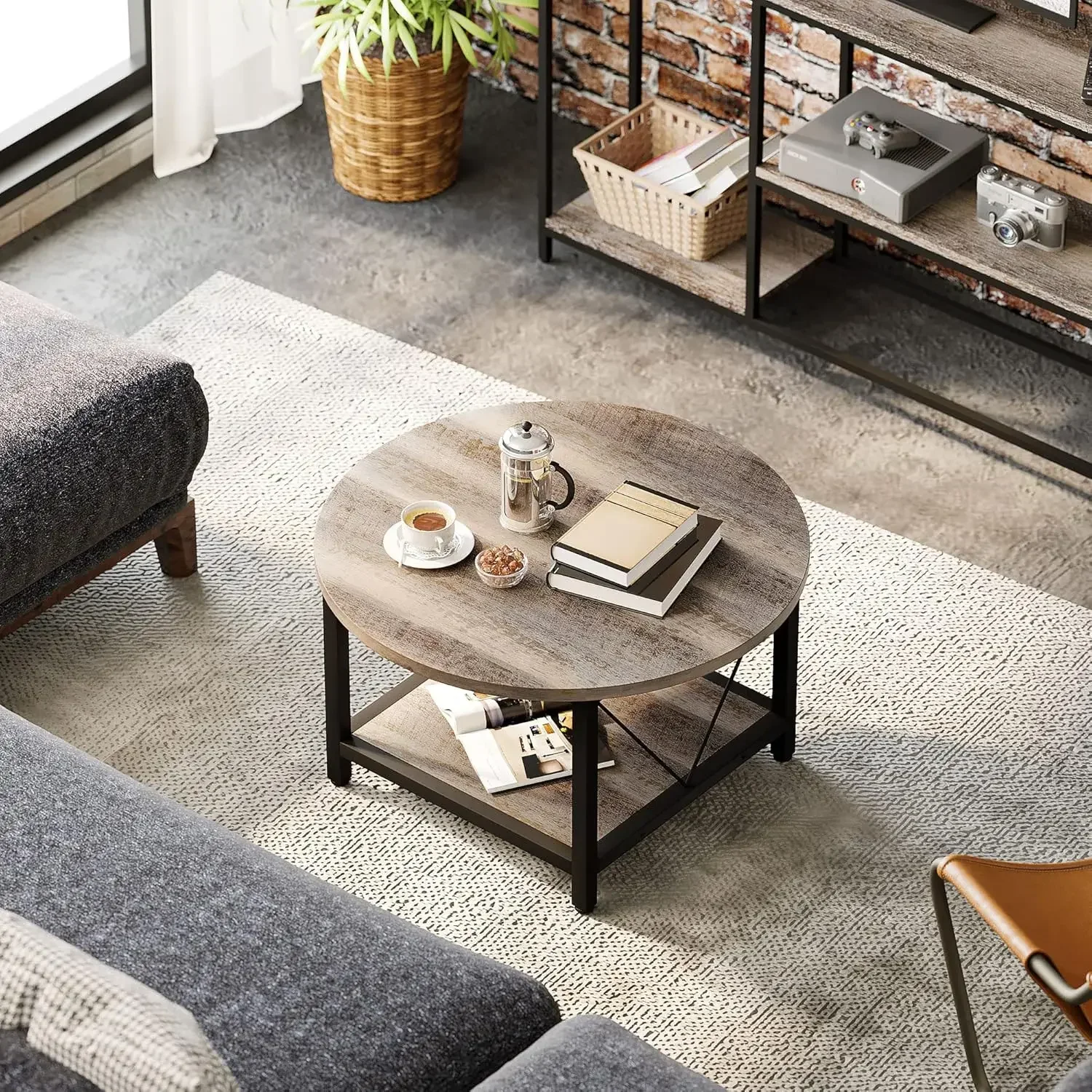 Round Coffee Table,Rustic Wood Coffee Tables for Living Room with Storage Shelf, Modern Farmhouse Circle Coffee Table 4