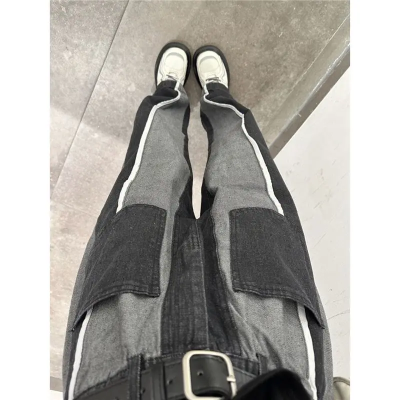 Contrast color straight leg high street pants New design sense jeans Lengthened women's  loose pants Autumn