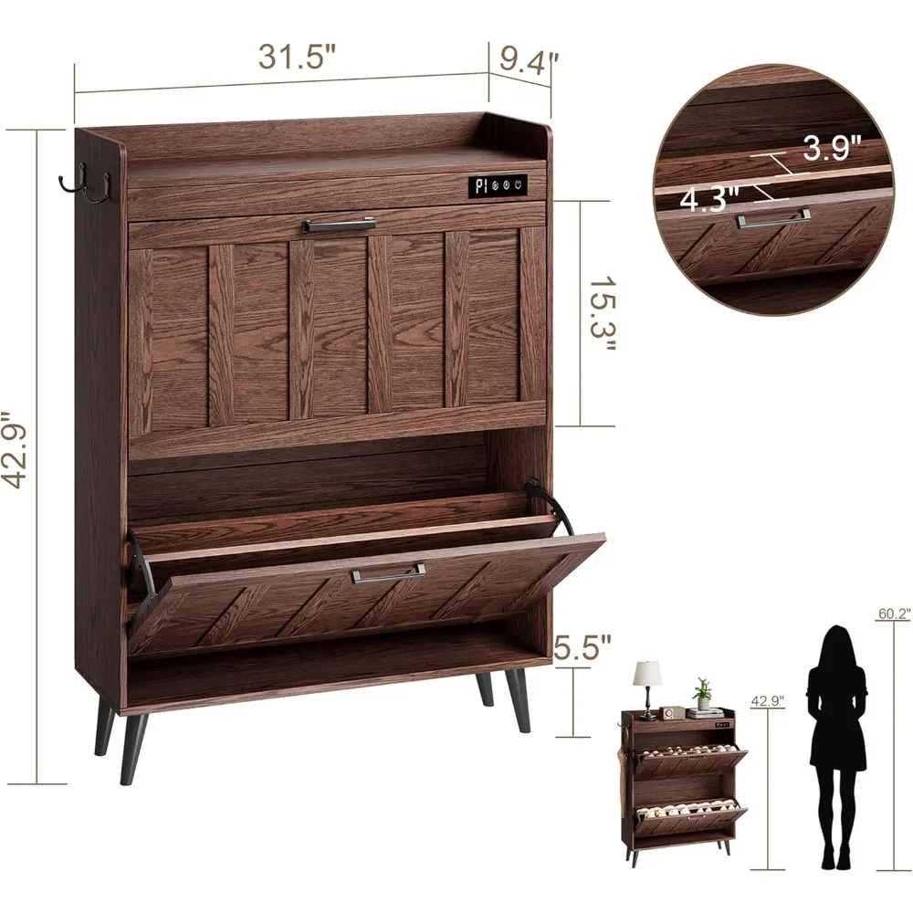 Slim Shoe Storage Cabinet with Deodorizer, 2 Flip Drawers for Entryway, Freestanding Hidden Shoe Rack in Walnut